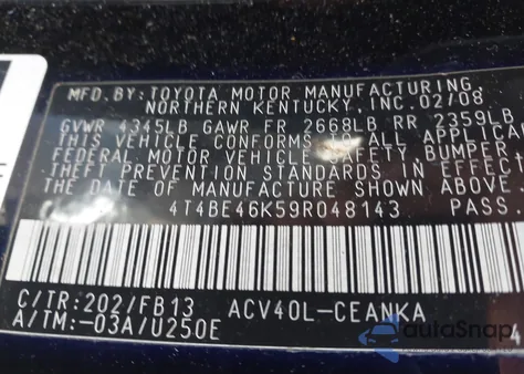 2009 Toyota Camry Se/Le/Xle z USA, uszkodzony, nr VIN 4T4BE46K59R048143